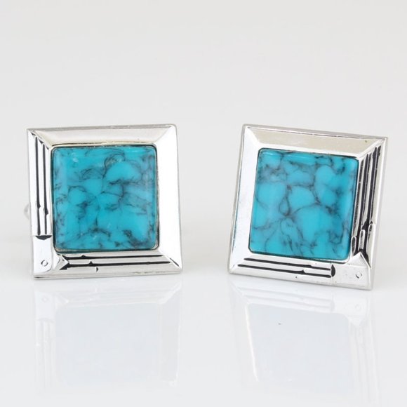 Vintage Silver Tone Square Turquoise Gemstone Swank Cufflinks Set - Picture 1 of 6